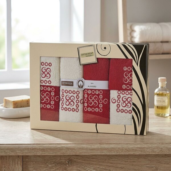 4sleep dárkový set froté ručníků a osušek 174, 6-dílný, červená a krémová s výšivkou 2x 30x50cm + 2x 50x90cm + 2x 70x140cm