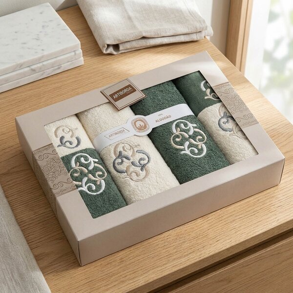 4sleep dárkový set froté ručníků a osušek 387, 6-dílný, zelená a krémová s výšivkou 2x 30x50cm + 2x 50x90cm + 2x 70x140cm