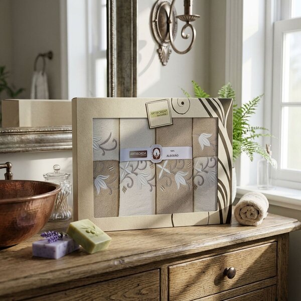 4sleep dárkový set froté ručníků a osušek 164, 6-dílný, béžová a krémová s výšivkou 2x 30x50cm + 2x 50x90cm + 2x 70x140cm