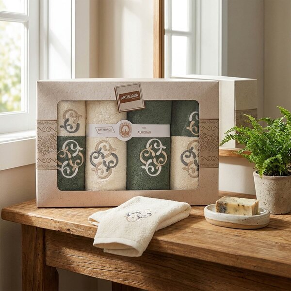 4sleep dárkový set froté ručníků a osušek 387, 6-dílný, zelená a krémová s výšivkou 2x 30x50cm + 2x 50x90cm + 2x 70x140cm