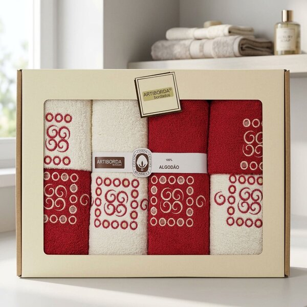 4sleep dárkový set froté ručníků a osušek 174, 6-dílný, červená a krémová s výšivkou 2x 30x50cm + 2x 50x90cm + 2x 70x140cm