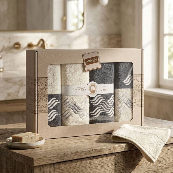 4sleep dárkový set froté ručníků a osušek 397, 6-dílný, grafit a krémová s výšivkou 2x 30x50cm + 2x 50x90cm + 2x 70x140cm