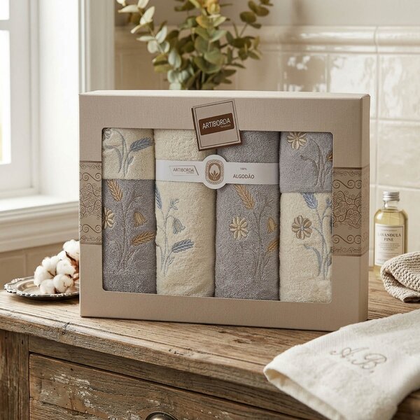 4sleep dárkový set froté ručníků a osušek 390, 6-dílný, šedá a krémová s výšivkou 2x 30x50cm + 2x 50x90cm + 2x 70x140cm