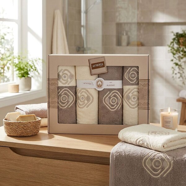 4sleep dárkový set froté ručníků a osušek 388, 6-dílný, capuccino a krémová s výšivkou 2x 30x50cm + 2x 50x90cm + 2x 70x140cm