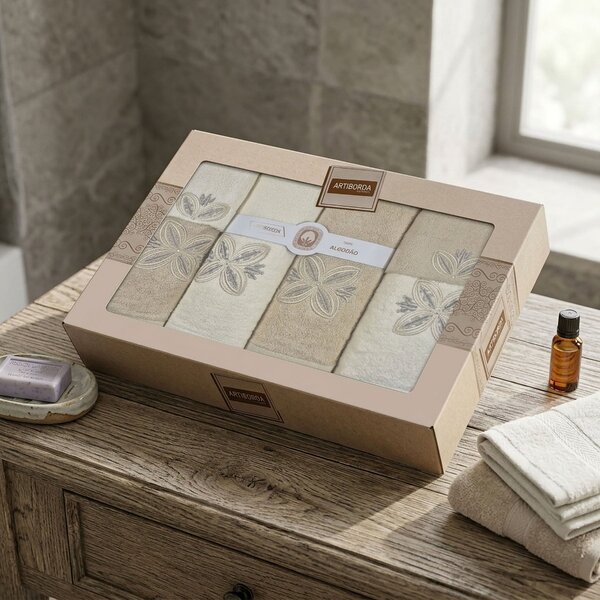 4sleep dárkový set froté ručníků a osušek 392, 6-dílný, béžová a krémová s výšivkou 2x 30x50cm + 2x 50x90cm + 2x 70x140cm