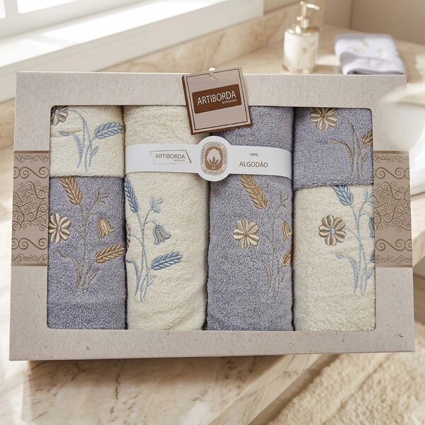 4sleep dárkový set froté ručníků a osušek 390, 6-dílný, šedá a krémová s výšivkou 2x 30x50cm + 2x 50x90cm + 2x 70x140cm