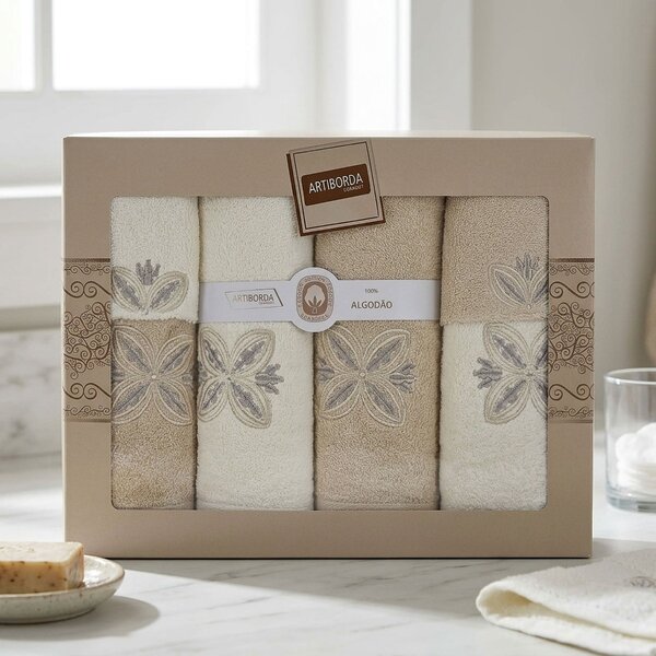 4sleep dárkový set froté ručníků a osušek 392, 6-dílný, béžová a krémová s výšivkou 2x 30x50cm + 2x 50x90cm + 2x 70x140cm