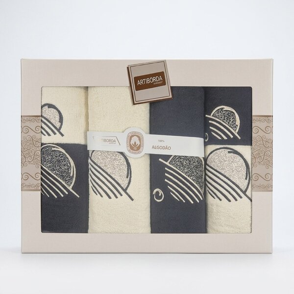 4sleep dárkový set froté ručníků a osušek 393, 6-dílný, černá a krémová s výšivkou 2x 30x50cm + 2x 50x90cm + 2x 70x140cm
