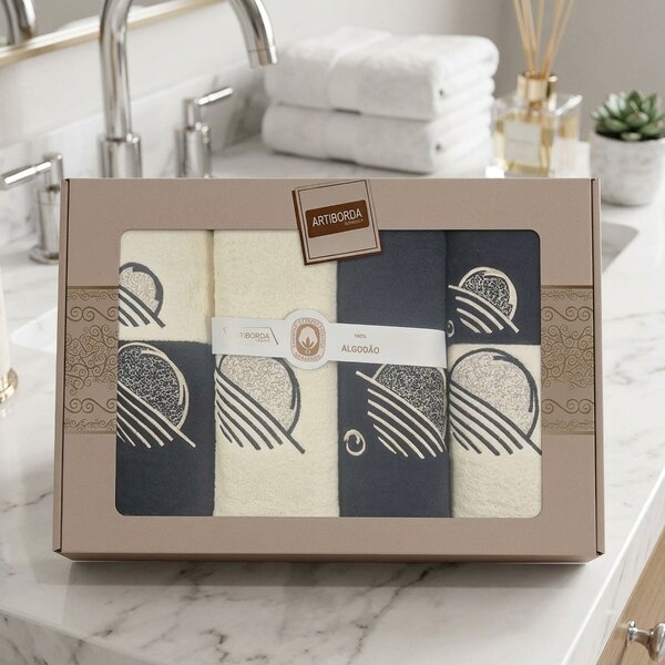 4sleep dárkový set froté ručníků a osušek 393, 6-dílný, černá a krémová s výšivkou 2x 30x50cm + 2x 50x90cm + 2x 70x140cm