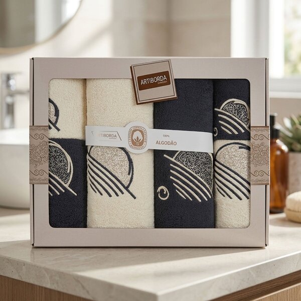 4sleep dárkový set froté ručníků a osušek 393, 6-dílný, černá a krémová s výšivkou 2x 30x50cm + 2x 50x90cm + 2x 70x140cm