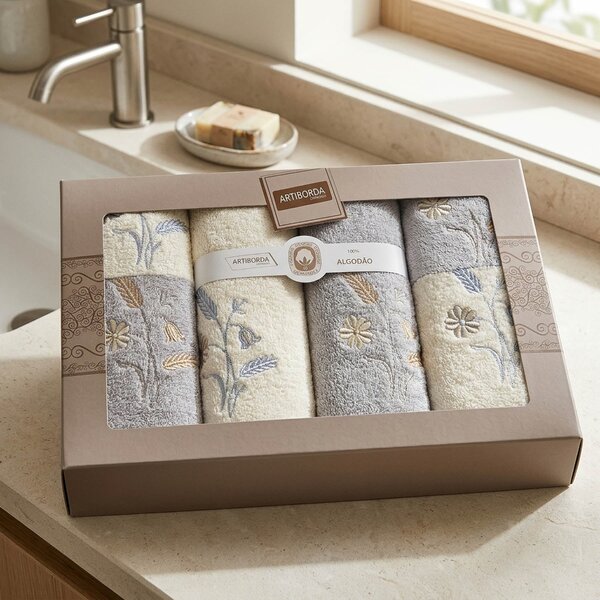 4sleep dárkový set froté ručníků a osušek 390, 6-dílný, šedá a krémová s výšivkou 2x 30x50cm + 2x 50x90cm + 2x 70x140cm