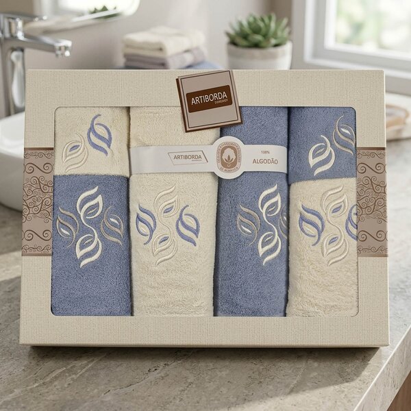 4sleep dárkový set froté ručníků a osušek 385, 6-dílný, jeans modrá a krémová s výšivkou 2x 30x50cm + 2x 50x90cm + 2x 70x140cm