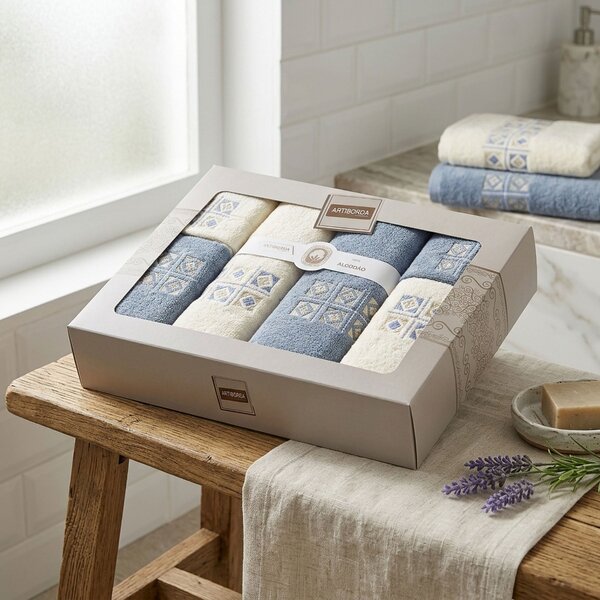 4sleep dárkový set froté ručníků a osušek 389, 6-dílný, jeans modrá a krémová s výšivkou 2x 30x50cm + 2x 50x90cm + 2x 70x140cm