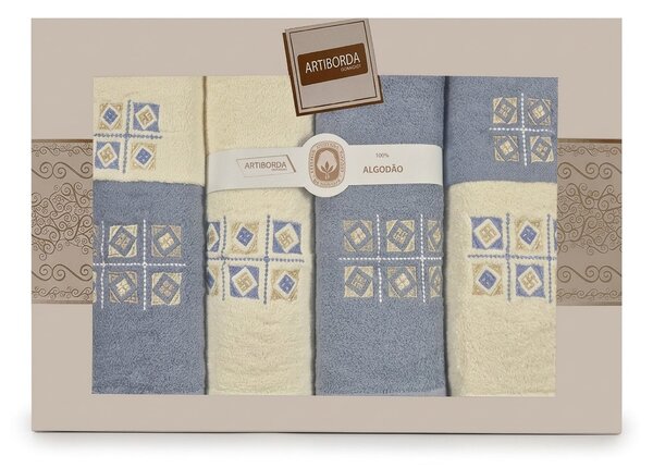 4sleep dárkový set froté ručníků a osušek 389, 6-dílný, jeans modrá a krémová s výšivkou 2x 30x50cm + 2x 50x90cm + 2x 70x140cm