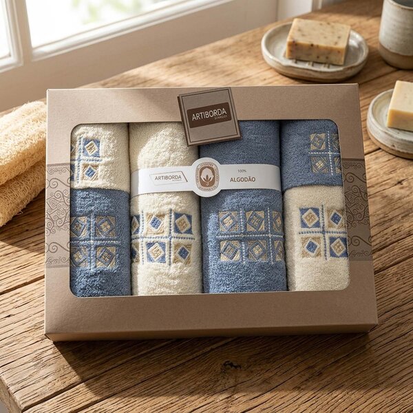 4sleep dárkový set froté ručníků a osušek 389, 6-dílný, jeans modrá a krémová s výšivkou 2x 30x50cm + 2x 50x90cm + 2x 70x140cm