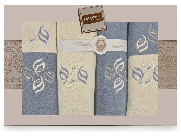 4sleep dárkový set froté ručníků a osušek 385, 6-dílný, jeans modrá a krémová s výšivkou 2x 30x50cm + 2x 50x90cm + 2x 70x140cm