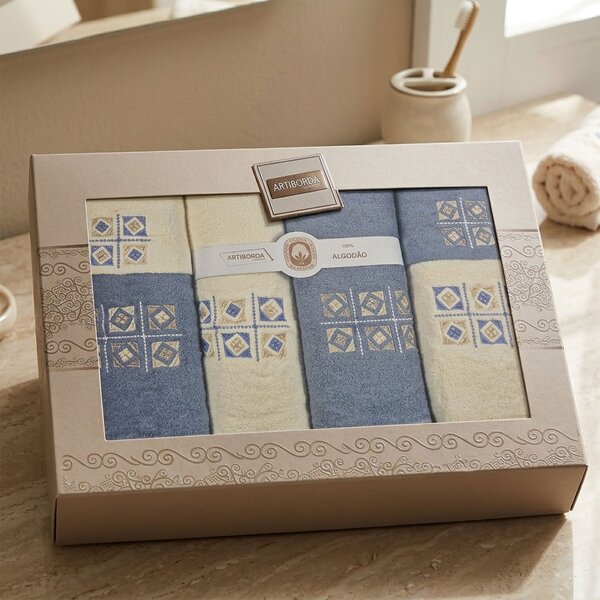 4sleep dárkový set froté ručníků a osušek 389, 6-dílný, jeans modrá a krémová s výšivkou 2x 30x50cm + 2x 50x90cm + 2x 70x140cm