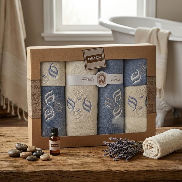 4sleep dárkový set froté ručníků a osušek 385, 6-dílný, jeans modrá a krémová s výšivkou 2x 30x50cm + 2x 50x90cm + 2x 70x140cm