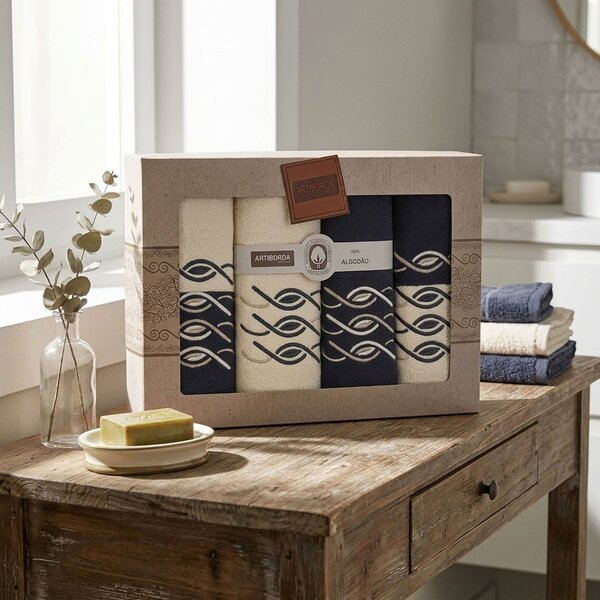 4sleep dárkový set froté ručníků a osušek 394, 6-dílný, černá a krémová s výšivkou 2x 30x50cm + 2x 50x90cm + 2x 70x140cm