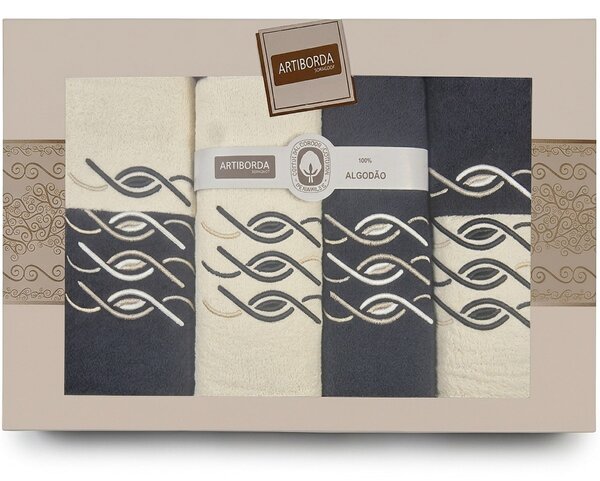 4sleep dárkový set froté ručníků a osušek 394, 6-dílný, černá a krémová s výšivkou 2x 30x50cm + 2x 50x90cm + 2x 70x140cm