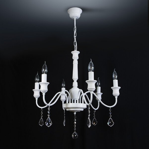 Light for home - Šesti ramenný bílý kovový lustr s dřevěnými prvky a křišťálovými přívěskami 20006 "Elegant", 6x40W, E14, Bílá