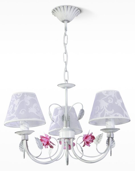 Light for home - Závěsný lustr na řetězu 20477 "CAMELLIA", 3X40W, E14, bílá, stříbrná, patina, růžová