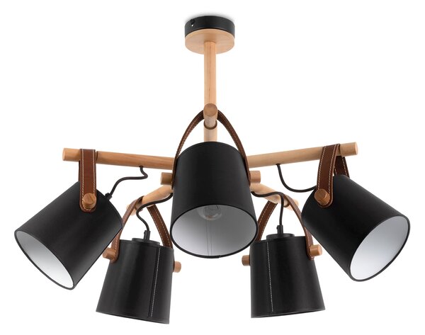 Light for home - Lustr na tyči s dřevěnými prvky a koženými řemínky 60405 "RIONI", 5x40W, E27, černá, přírodní olše, hnědá kůže
