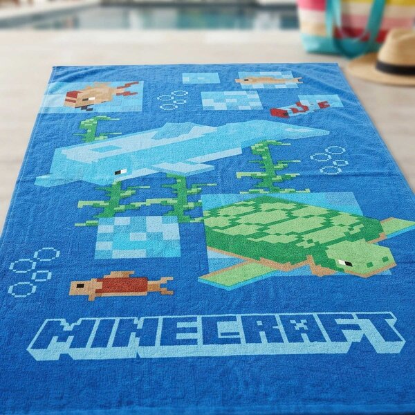 Carbotex Dětská plážová osuška MINECRAFT DELFÍN A ŽELVA, modrá, froté, 70x140cm