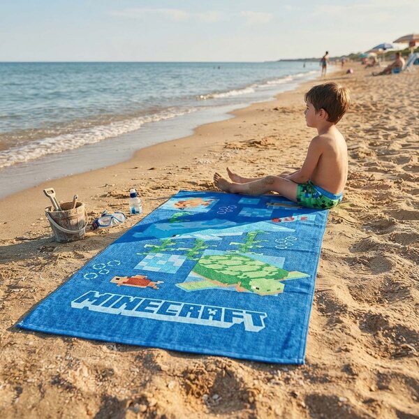 Carbotex Dětská plážová osuška MINECRAFT DELFÍN A ŽELVA, modrá, froté, 70x140cm