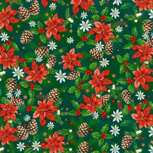 Euromat ubrus PVC s textilním podkladem vánoční 1808-01 FLORISTA, vánoční růže a šišky na tmavě zelené, š.140cm (metráž)