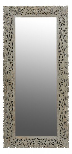 Zrcadlo v rámu z mangového dřeva, ručně vyřezávané, šedá patina, 82x3x180cm