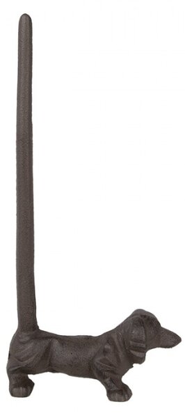 Hnědý kovový držák na kuchyňské utěrky s motivem psa – 14x8x30 cm