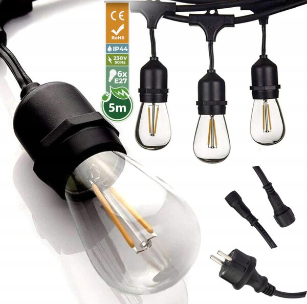 EcoPLANET Zahradní girlanda 5m + 6x 1W LED žárovka
