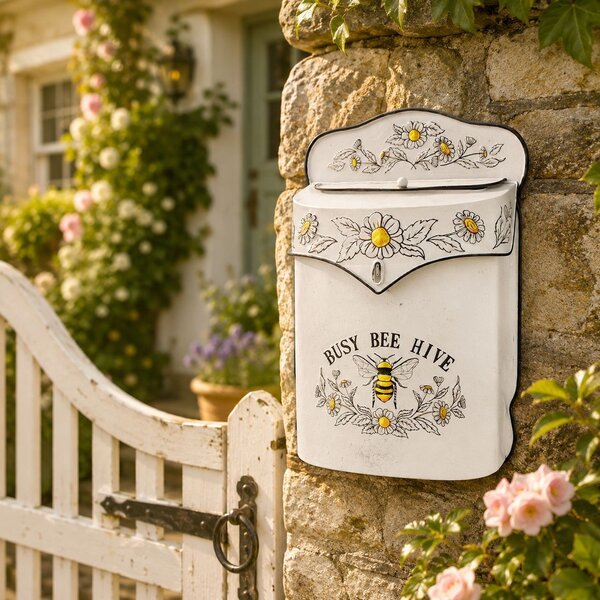 Krémová retro poštovní schránka s včelou Busy Bee Hive - 24*10*35 cm - Clayre & Eef