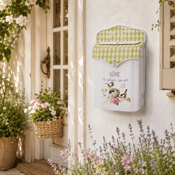 Bílá antik poštovní schránka s ptáčky Home - 24*10*35 cm - Clayre & Eef