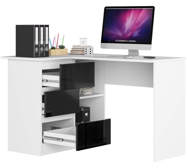 Ak furniture Rohový psací stůl B16 124 cm bílý/černý lesk levý
