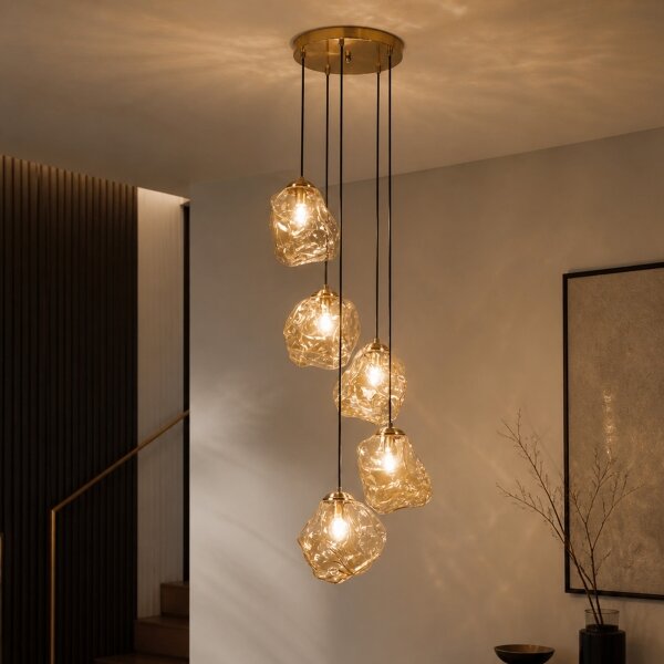 Lustr na lanku CRISTAL 5xE14/15W/230V mosaz/kouřová béžová