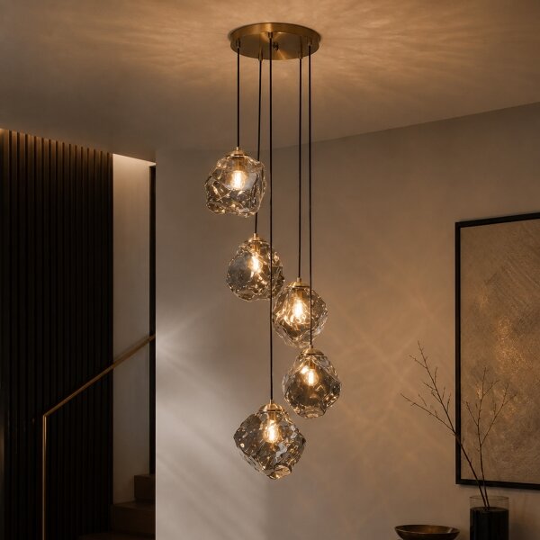 Lustr na lanku CRISTAL 5xE14/15W/230V mosaz/kouřová černá