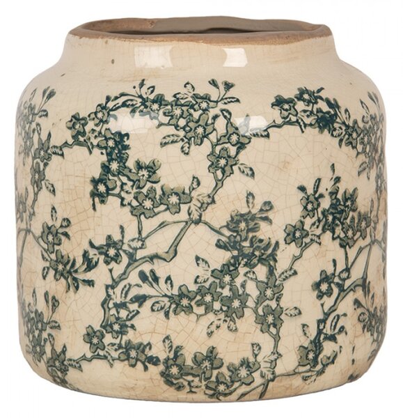 Keramický květináč se zúženým hrdlem a zeleným květinovým motivem Emerald Bloom S – 15x14 cm