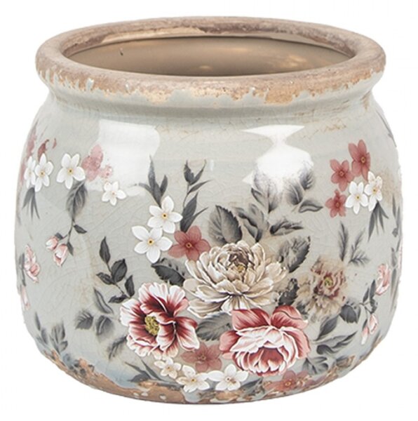 Keramický květináč s šedou glazurou a květy Masselin S – 12x10 cm