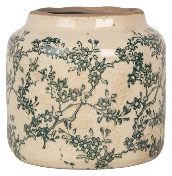 Keramický květináč se zúženým hrdlem a zeleným květinovým motivem Emerald Bloom S – 15x14 cm