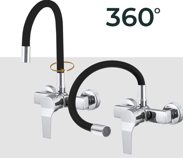 Gamma Flex, nástěnná dřezová baterie s elastickým ramenem, černá-chromová, GMA-BFXS-BK