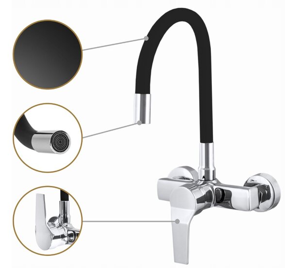 Gamma Flex, nástěnná dřezová baterie s elastickým ramenem, černá-chromová, GMA-BFXS-BK