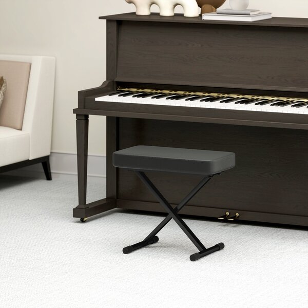 Skládací a nastavitelné pianové stoličky HOMCOM v 4 výškách s X strukturou, PU kůže a kovová stolička s protiskluzovými nohami, 60x32x53-63 cm, Černá