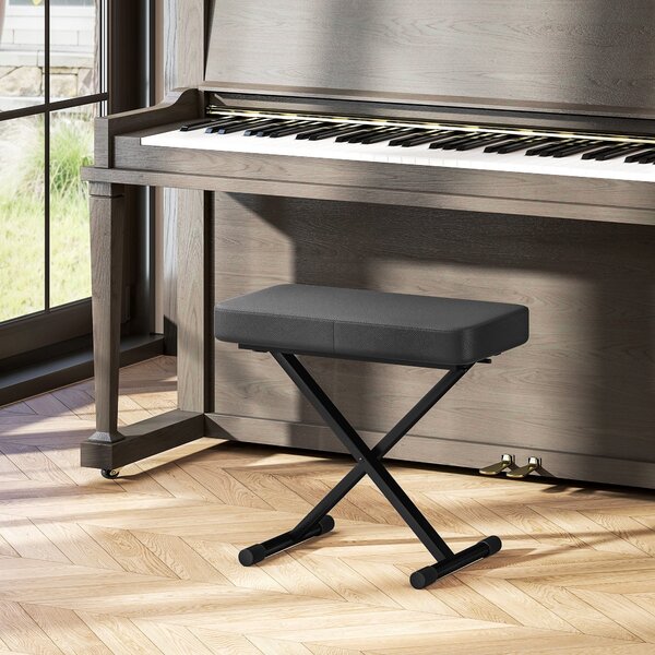Skládací a nastavitelné pianové stoličky HOMCOM v 4 výškách s X strukturou, PU kůže a kovová stolička s protiskluzovými nohami, 60x32x53-63 cm, Černá