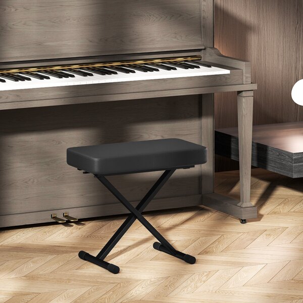 Skládací a nastavitelné pianové stoličky HOMCOM v 4 výškách s X strukturou, PU kůže a kovová stolička s protiskluzovými nohami, 60x32x53-63 cm, Černá