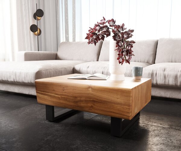 DELIFE Konferenční stolek New Live-Edge 80x60 cm akácie přírodní 2 zásuvky kovová tenká podnož černá