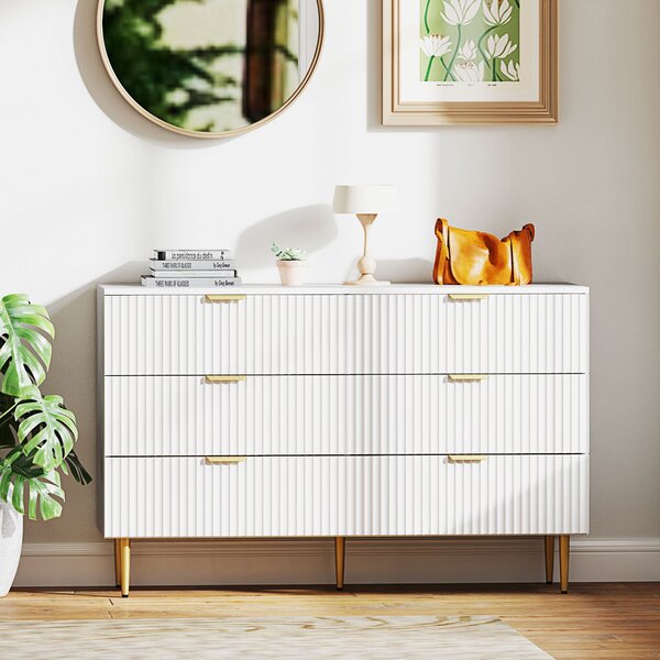 HOMCOM Komoda s 6 Zásuvkami - Moderní Úložný Nábytek s Rukojeťmi a Zlatými Nohy do Ložnice a Obývacího Pokoj, Rozměry: 120 x 40 x 76,5 cm, Bílá | Aoso