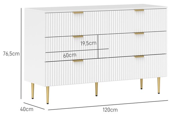 HOMCOM Komoda s 6 Zásuvkami - Moderní Úložný Nábytek s Rukojeťmi a Zlatými Nohy do Ložnice a Obývacího Pokoj, Rozměry: 120 x 40 x 76,5 cm, Bílá | Aoso