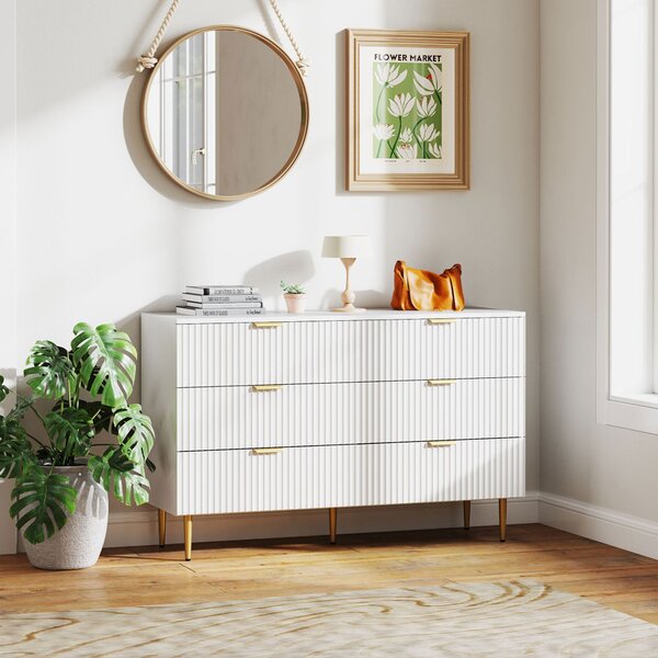 HOMCOM Komoda s 6 Zásuvkami - Moderní Úložný Nábytek s Rukojeťmi a Zlatými Nohy do Ložnice a Obývacího Pokoj, Rozměry: 120 x 40 x 76,5 cm, Bílá | Aoso
